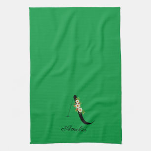 Watercolor botanical green initial monogram kitchen towel