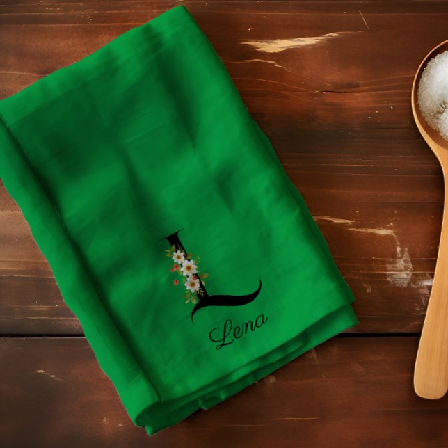 Watercolor botanical green initial monogram kitchen towel (Creator Uploaded)
