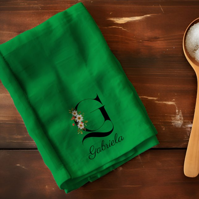 Watercolor botanical green initial monogram kitchen towel (Creator Uploaded)