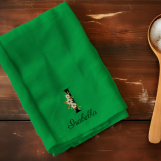 Watercolor botanical green initial monogram kitchen towel