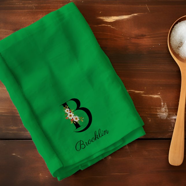 Watercolor botanical green initial monogram kitchen towel (Creator Uploaded)