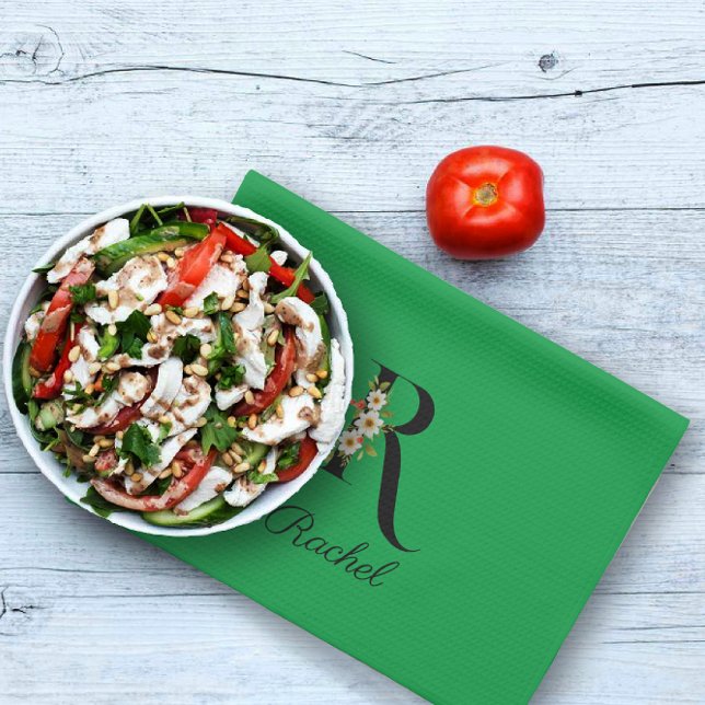 Watercolor botanical green initial monogram kitchen towel (Creator Uploaded)