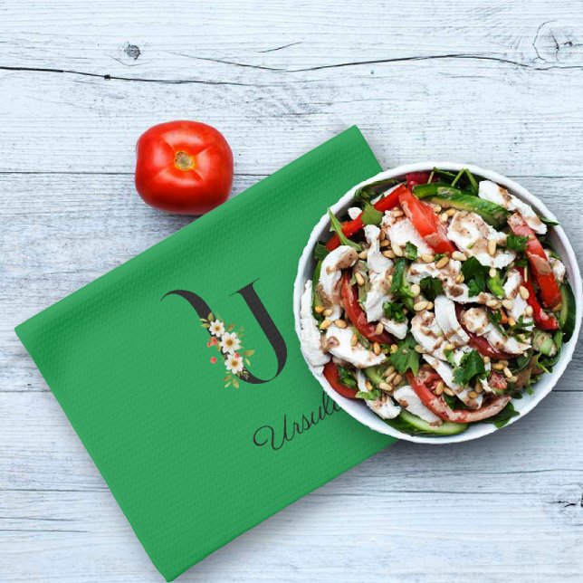 Watercolor botanical green initial monogram kitchen towel (Creator Uploaded)