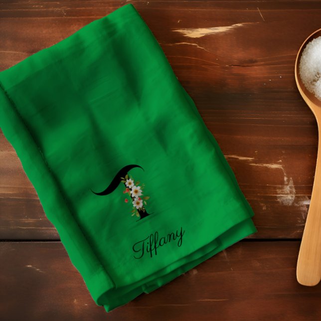 Watercolor botanical green initial monogram kitchen towel (Creator Uploaded)
