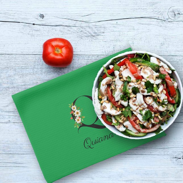 Watercolor botanical green initial monogram kitchen towel (Creator Uploaded)