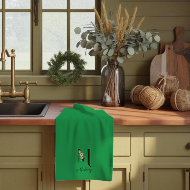 Watercolor botanical green initial monogram kitchen towel (Creator Uploaded)