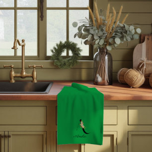 Watercolor botanical green initial monogram kitchen towel