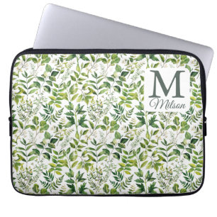 Watercolor Botanical Green leaves monogram Laptop Sleeve