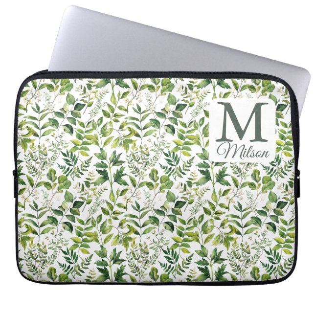 Watercolor Botanical Green leaves monogram Laptop Sleeve (Front)