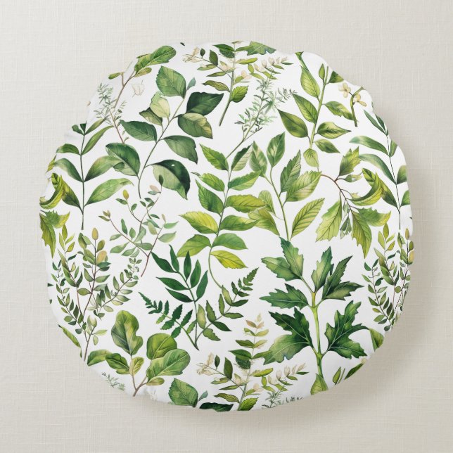 Watercolor Botanical Green leaves  Round Pillow (Front)