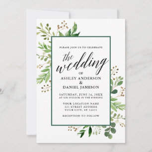 Watercolor Botanical Green Wedding Framed Invitation
