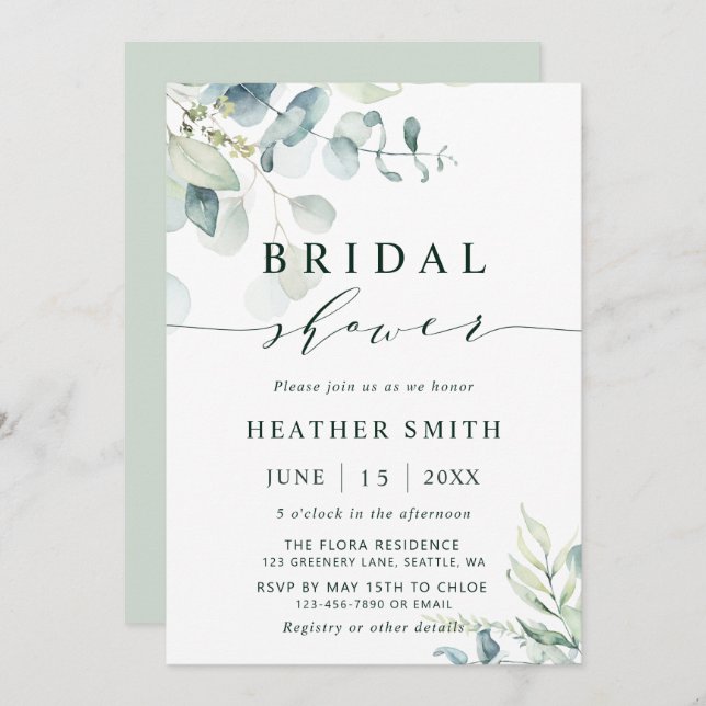 Watercolor Botanical Greenery Bridal Shower Invitation (Front/Back)