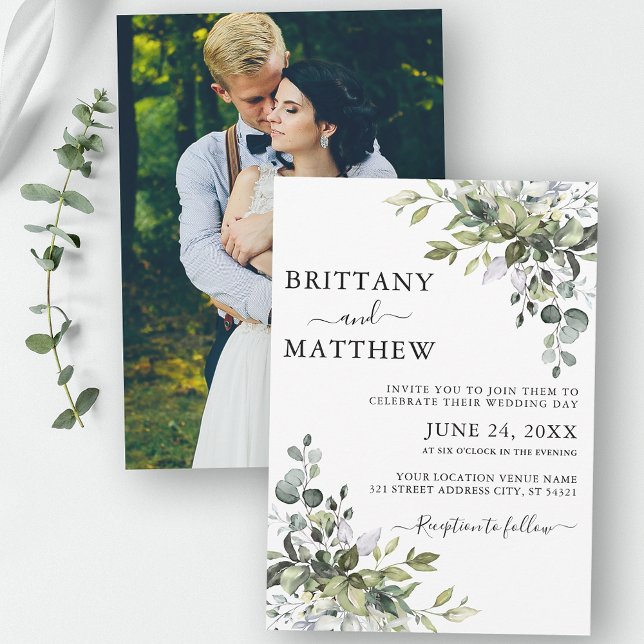 Watercolor Botanical Greenery Couple Photo Wedding Invitation (Customize to change text size, color or style.)