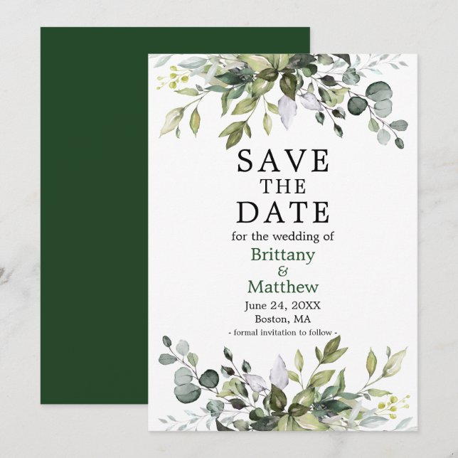 Watercolor Botanical Greenery Elegant Green Save The Date (Front/Back)