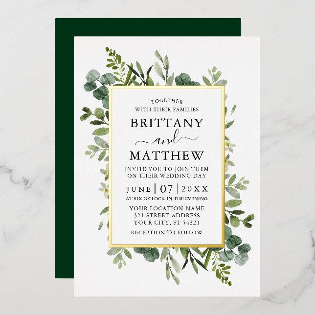 Watercolor Botanical Greenery Emerald Green Gold (Front/Back)