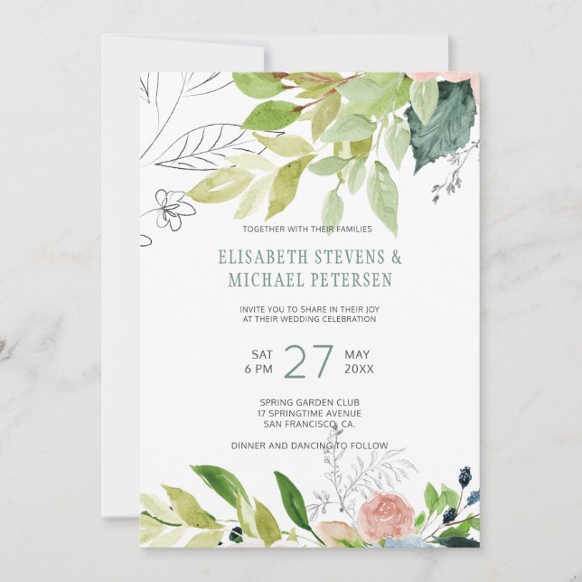 Watercolor botanical greenery foliage wedding invitation (Front)