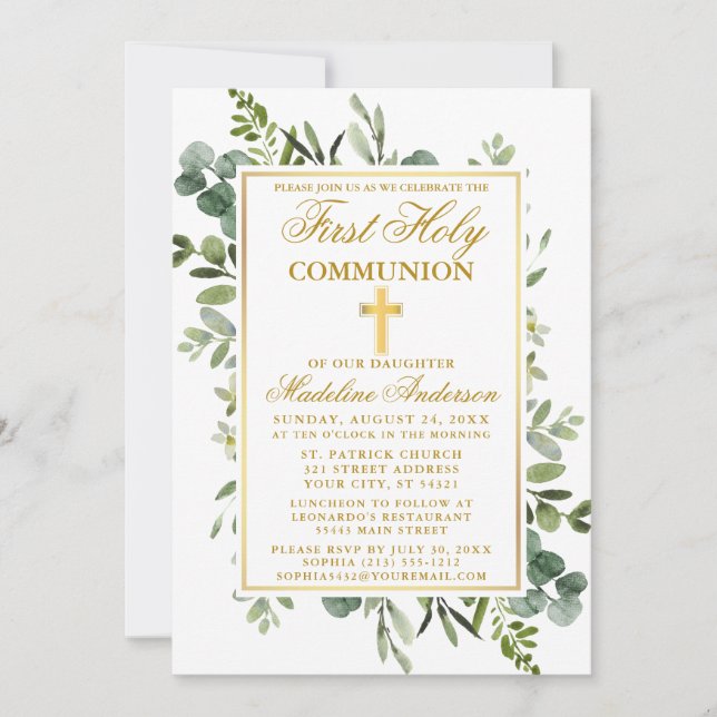 Watercolor Botanical Greenery Gold First Communion Invitation (Front)