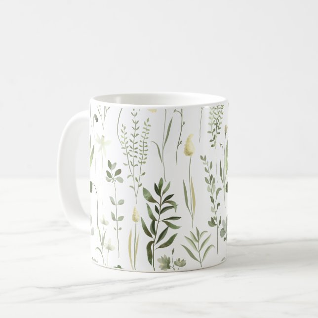 Watercolor Botanical Greenery Pattern Coffee Mug (Front Left)