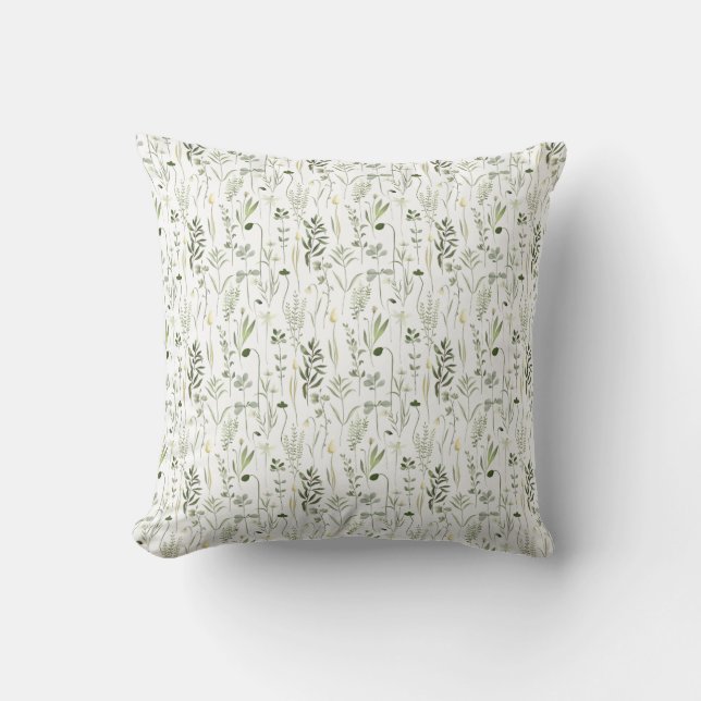 Watercolor Botanical Greenery Pattern Throw Pillow (Front)