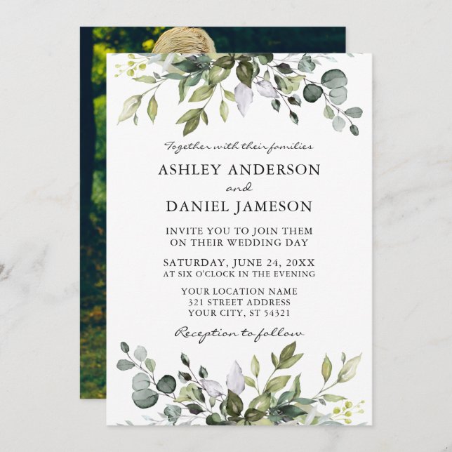 Watercolor Botanical Greenery Photo Back Wedding Invitation (Front/Back)
