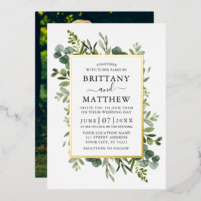 Watercolor Botanical Greenery Photo Wedding Gold (Front/Back)