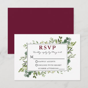 Watercolor Botanical Greenery Wedding Burgundy RSVP Card
