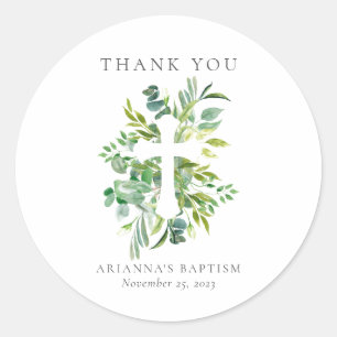 Watercolor Botanical Greens Cross Baptism Classic Round Sticker
