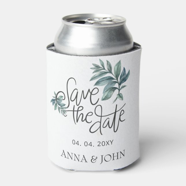 Watercolor Botanical Handwritten Save The Date Can Cooler (Can Front)