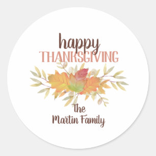 Watercolor Botanical Happy Thanksgivng Classic Round Sticker