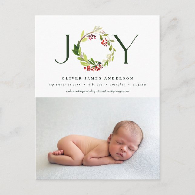 Watercolor botanical holiday birth announcement (Front)