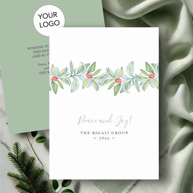 Watercolor Botanical Holly and Berries Christmas Holiday Card (Business Christmas cards watercolor botanical design by Victoria Grigaliunas of Do Tell A Belle)