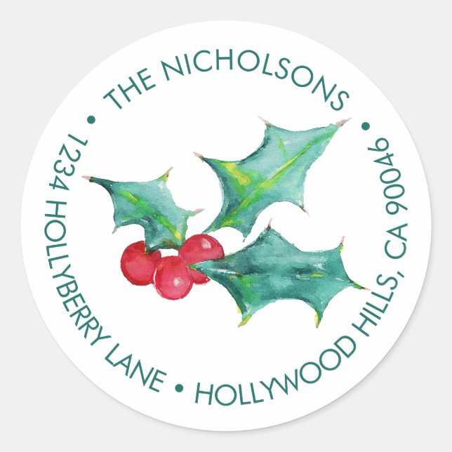 Watercolor Botanical Holly Berries Christmas Classic Round Sticker (Front)