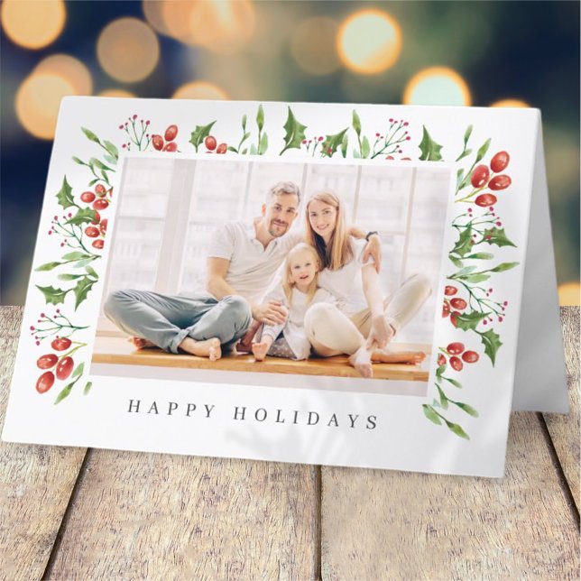 Watercolor Botanical Holly Berry Foliage Christmas Holiday Card (Creator Uploaded)