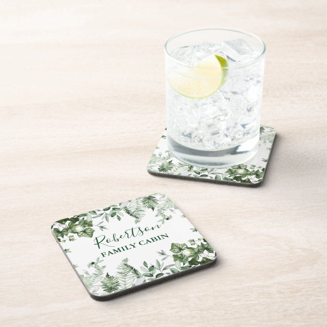 Watercolor Botanical Ivy Ferns Sage Family Cabin Coaster (Right Side)