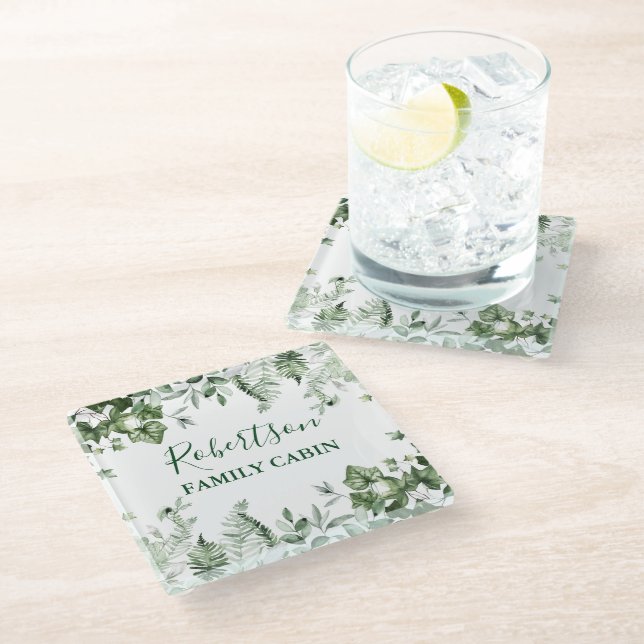 Watercolor Botanical Ivy Ferns Sage Family Cabin Glass Coaster (Angled)
