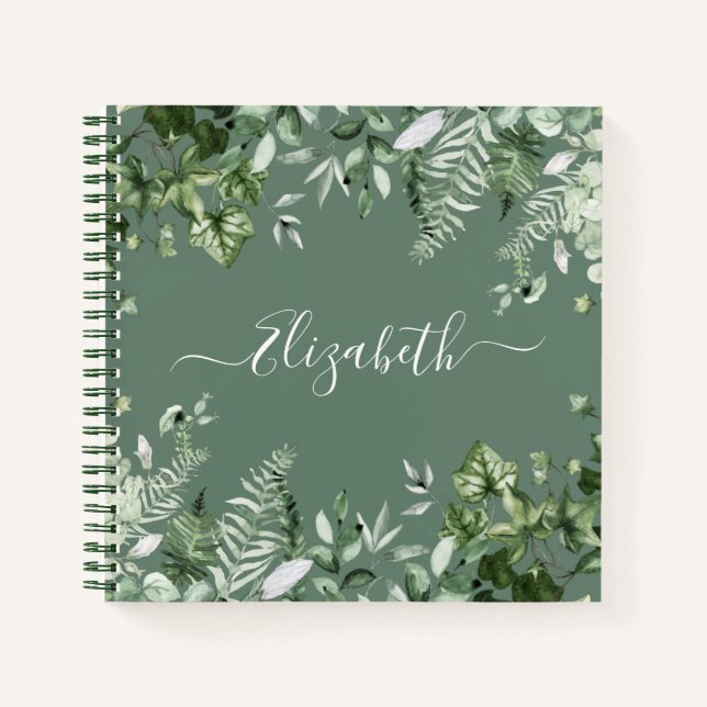 Watercolor Botanical Ivy Ferns Sage Green Notebook (Front)