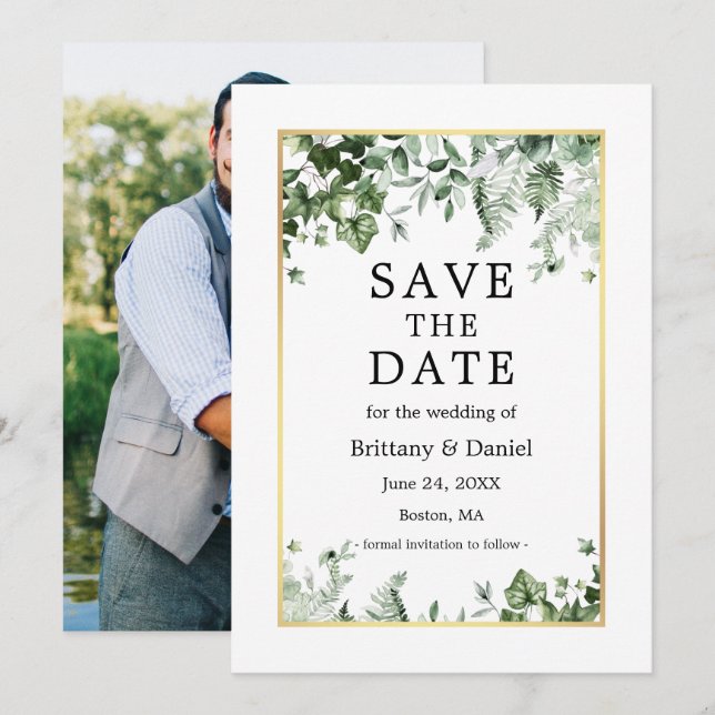 Watercolor Botanical Ivy Greenery Photo Gold Save The Date (Front/Back)