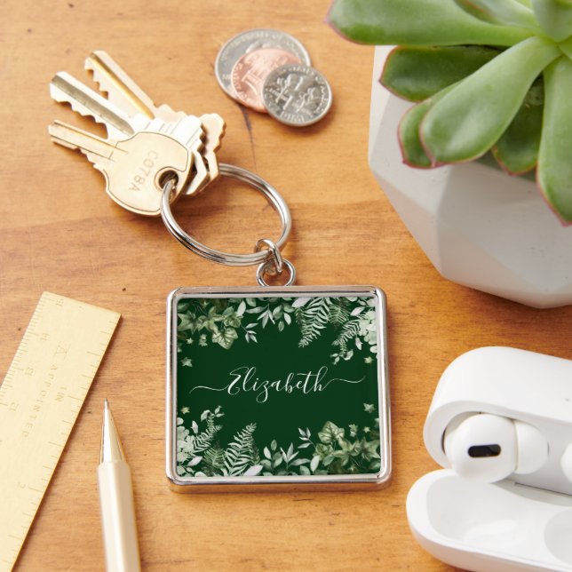 Watercolor Botanical Ivy Sage Ferns Green Keychain (Desk)