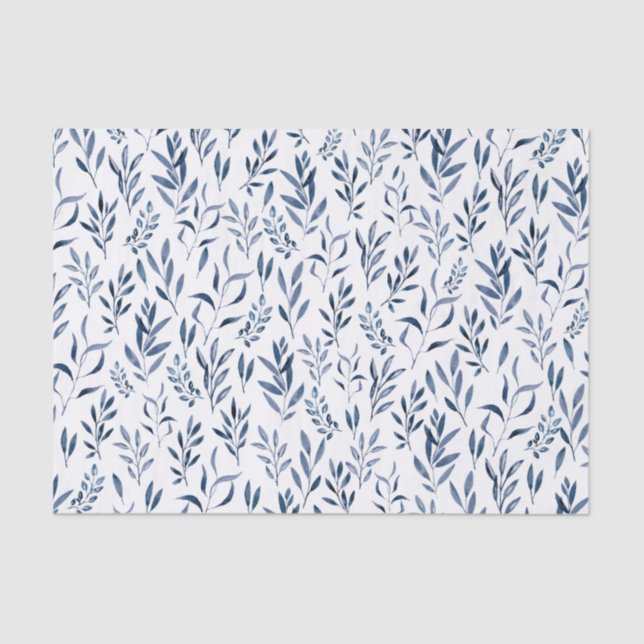 Watercolor Botanical Leaves Blue Tissue Paper (Front)