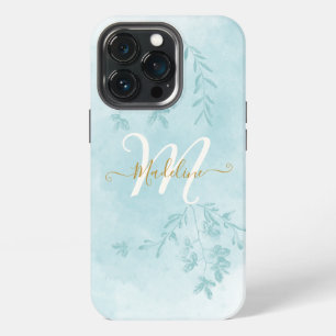 Watercolor Botanical Leaves Foliage Blue Monogram iPhone 13 Pro Case