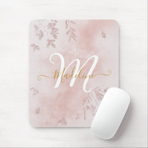Watercolor Botanical Leaves Foliage Pink Monogram Mouse Pad