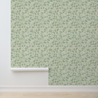 Watercolor Botanical Leaves, Green on Beige Wallpaper
