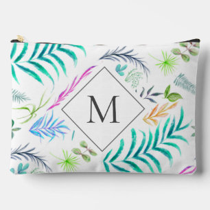 Watercolor Botanical Leaves Pattern White Monogram Accessory Pouch