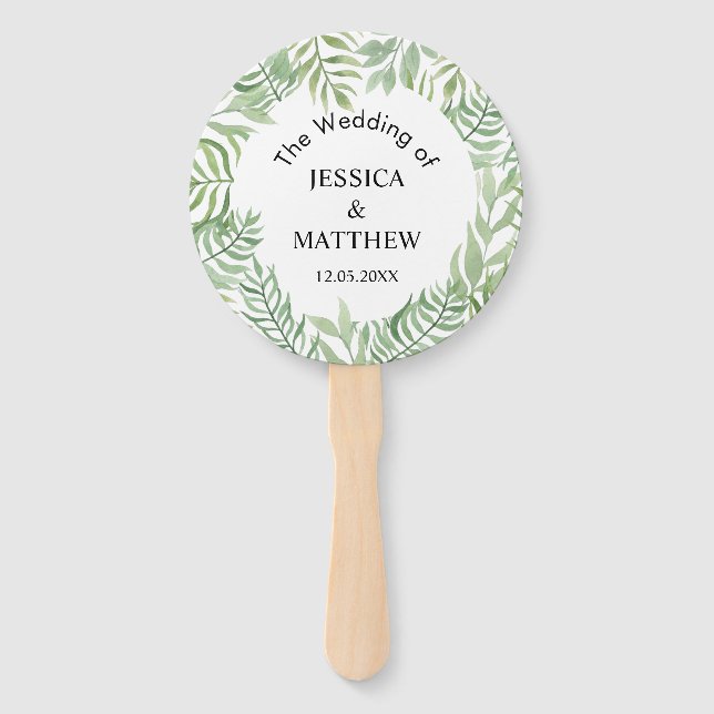 Watercolor Botanical Leaves Wedding Welcome Sign Hand Fan (Front)