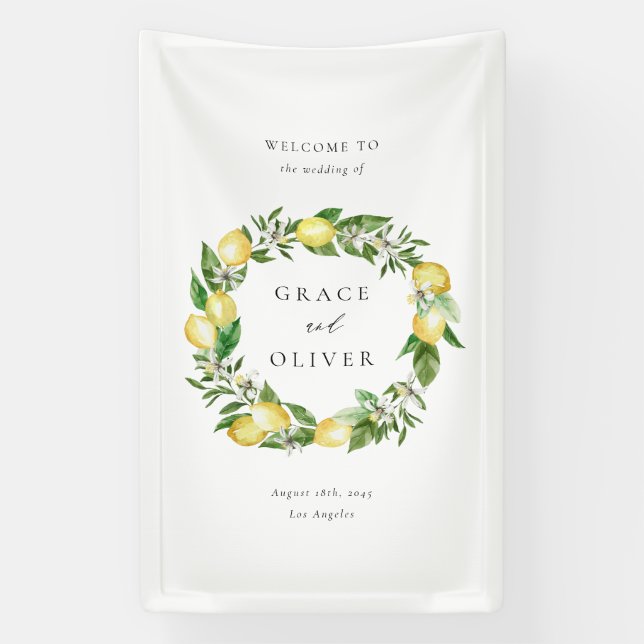 Watercolor Botanical Lemon Wreath Wedding Banner (Vertical)