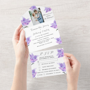 Watercolor Botanical lilac Purple Floral Wedding All In One Invitation