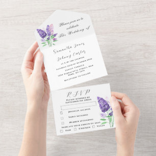 Watercolor Botanical lilac Purple Floral Wedding All In One Invitation