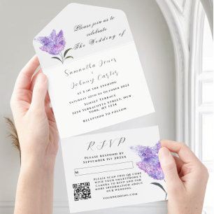 Watercolor Botanical lilac Purple Floral Wedding All In One Invitation