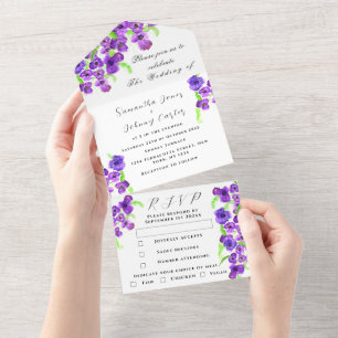 Watercolor Botanical Lilac Purple Floral Wedding All In One Invitation