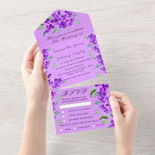 Watercolor Botanical Lilac Purple Floral Wedding All In One Invitation